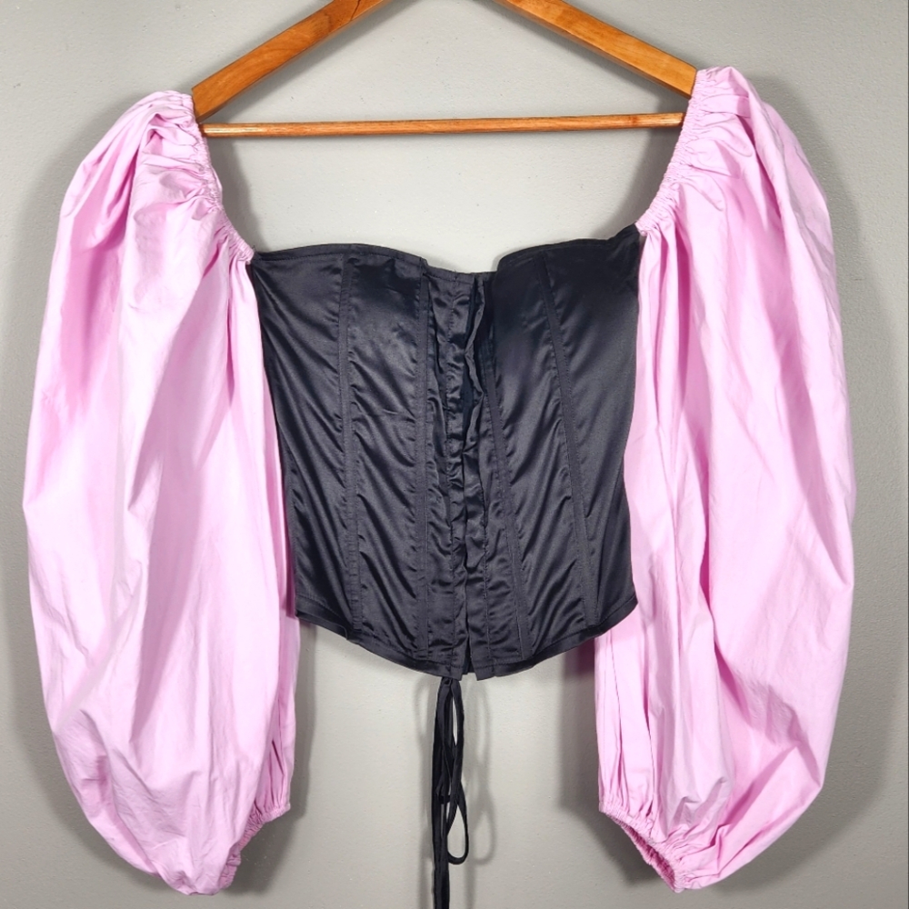 Akira NWT Jolie Paris Black Corset Puff Pink Sleeves Size Small